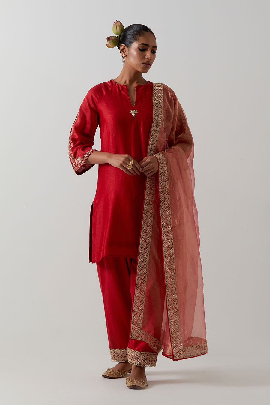 Red Embroidered Chanderi Kurta Set