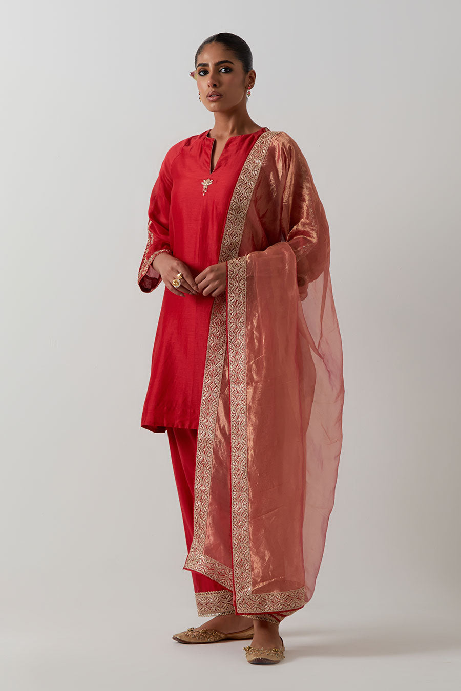 Red Embroidered Chanderi Kurta Set
