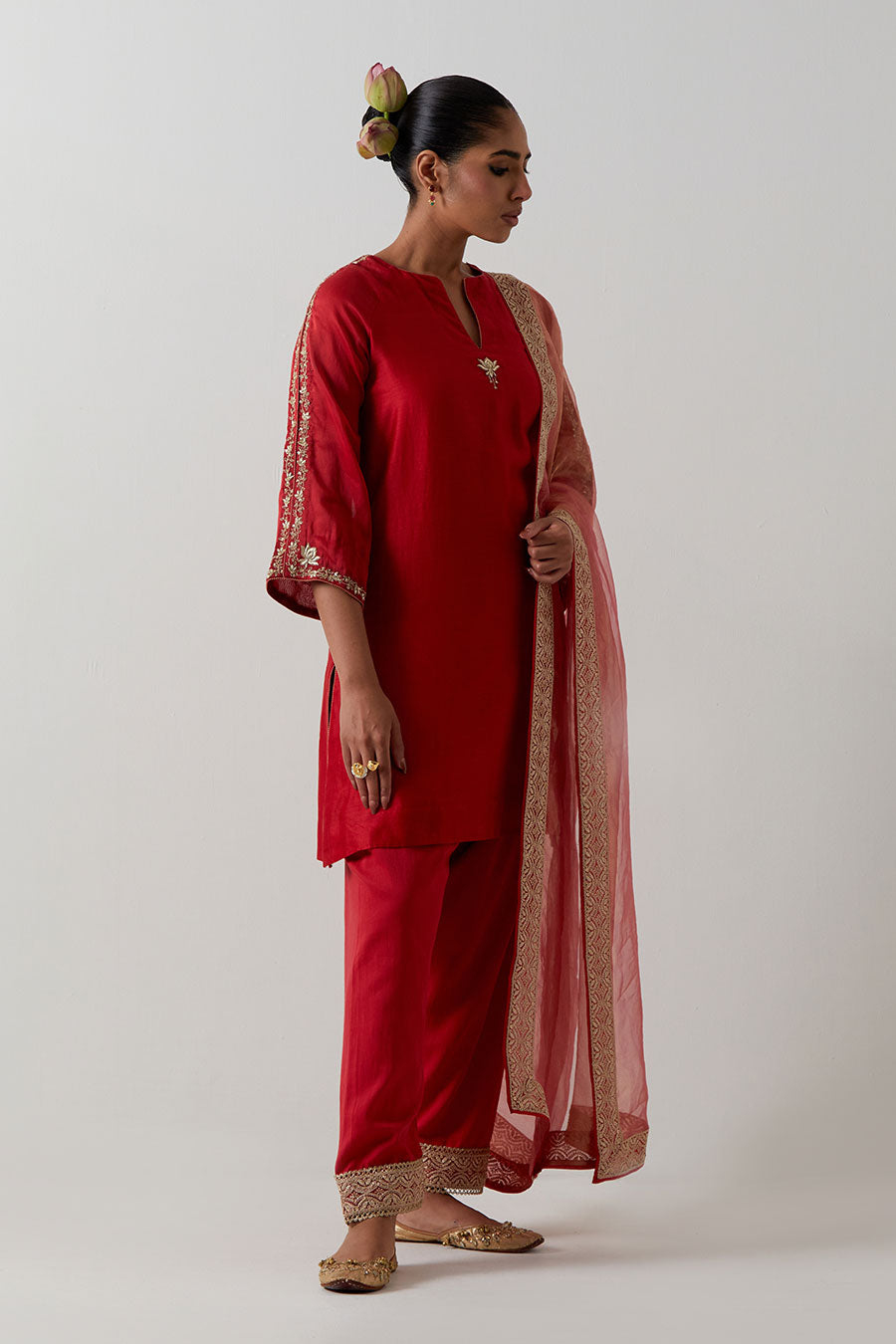 Red Embroidered Chanderi Kurta Set