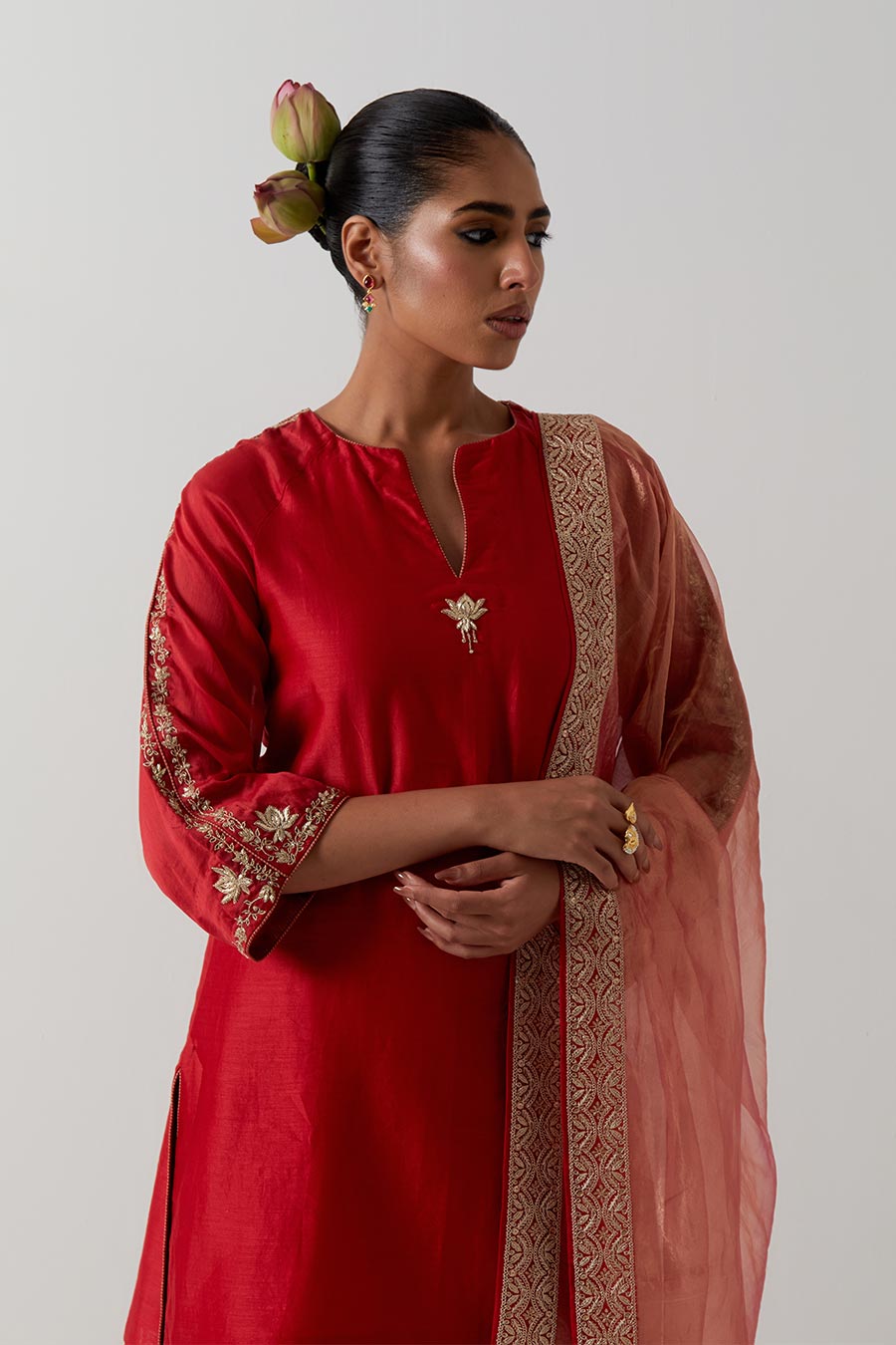 Red Embroidered Chanderi Kurta Set