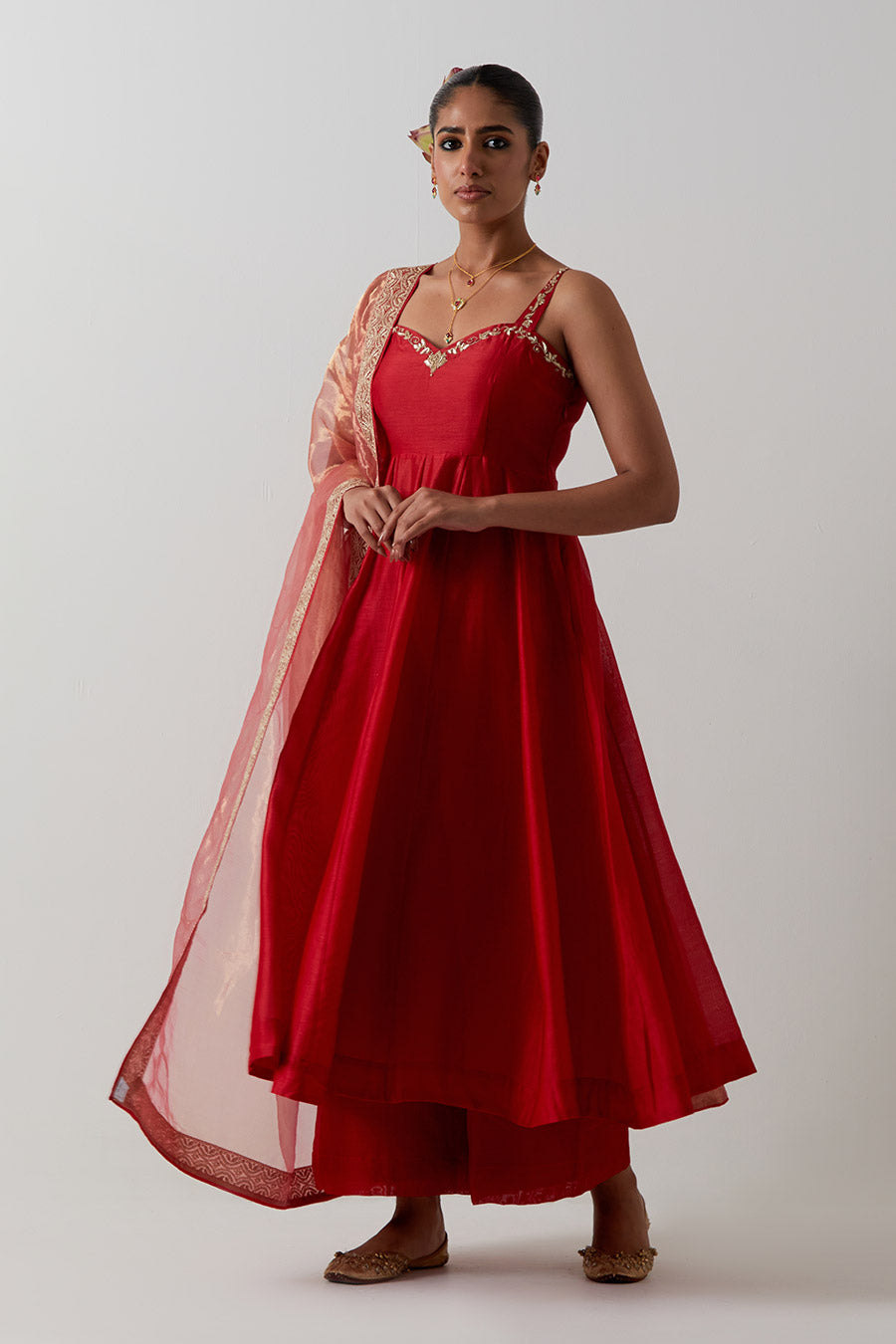 Red Embroidered Strappy Chanderi Anarkali Set