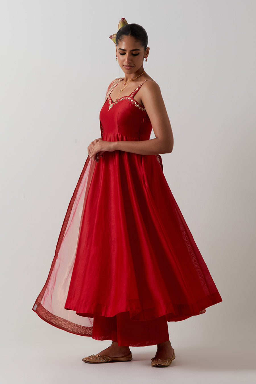 Red Embroidered Strappy Chanderi Anarkali Set