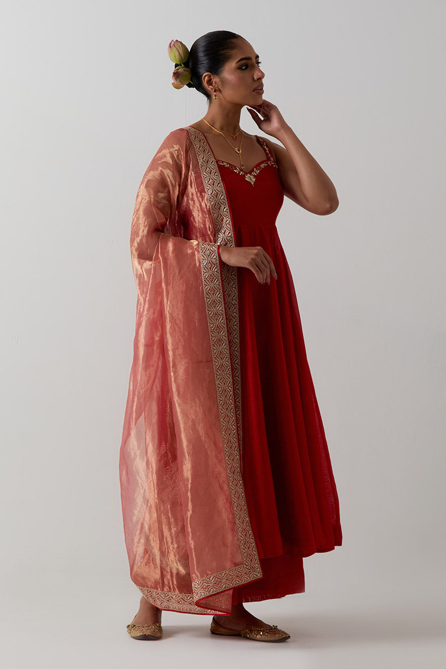 Red Embroidered Strappy Chanderi Anarkali Set