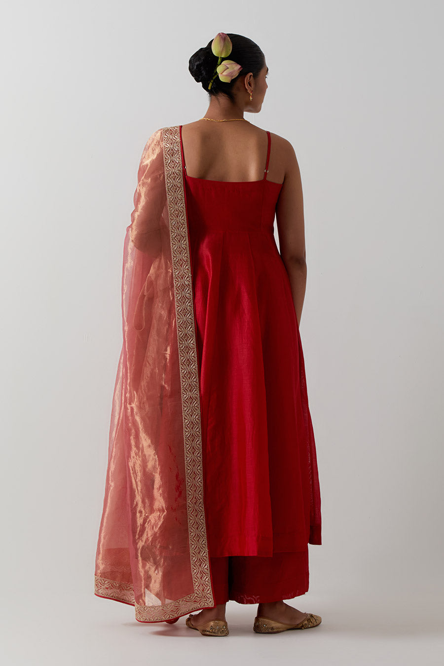 Red Embroidered Strappy Chanderi Anarkali Set