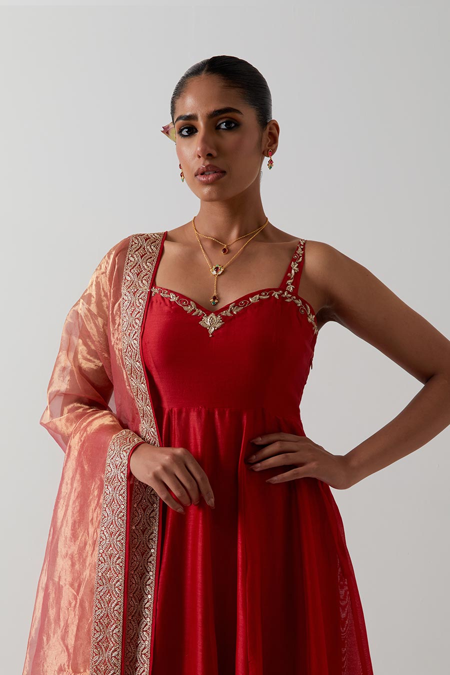 Red Embroidered Strappy Chanderi Anarkali Set
