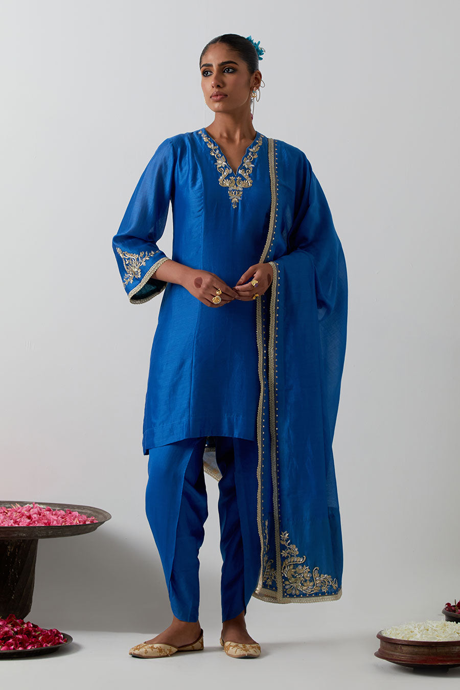 Blue Embroidered Chanderi Silk Kurta Dhoti Set
