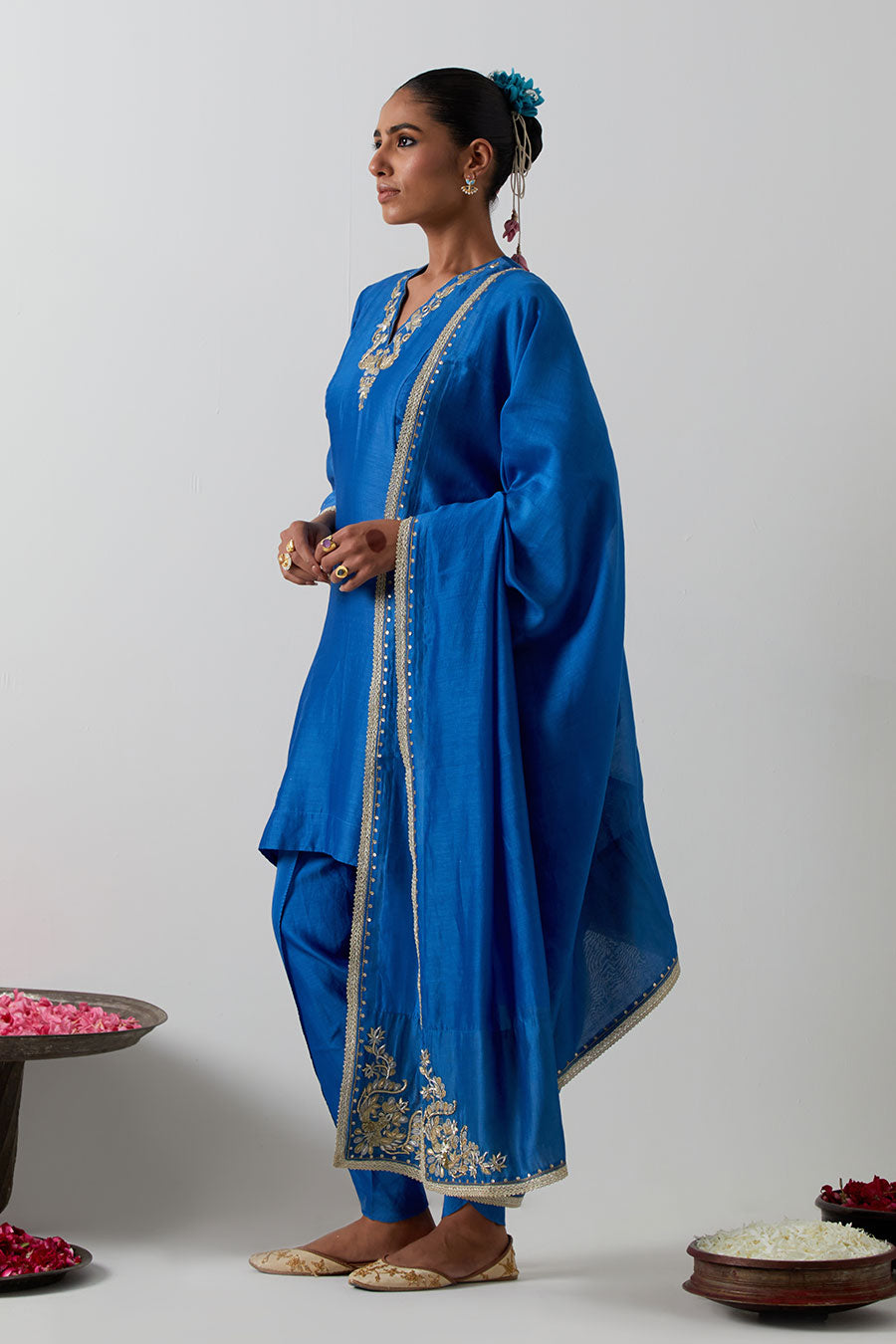 Blue Embroidered Chanderi Silk Kurta Dhoti Set