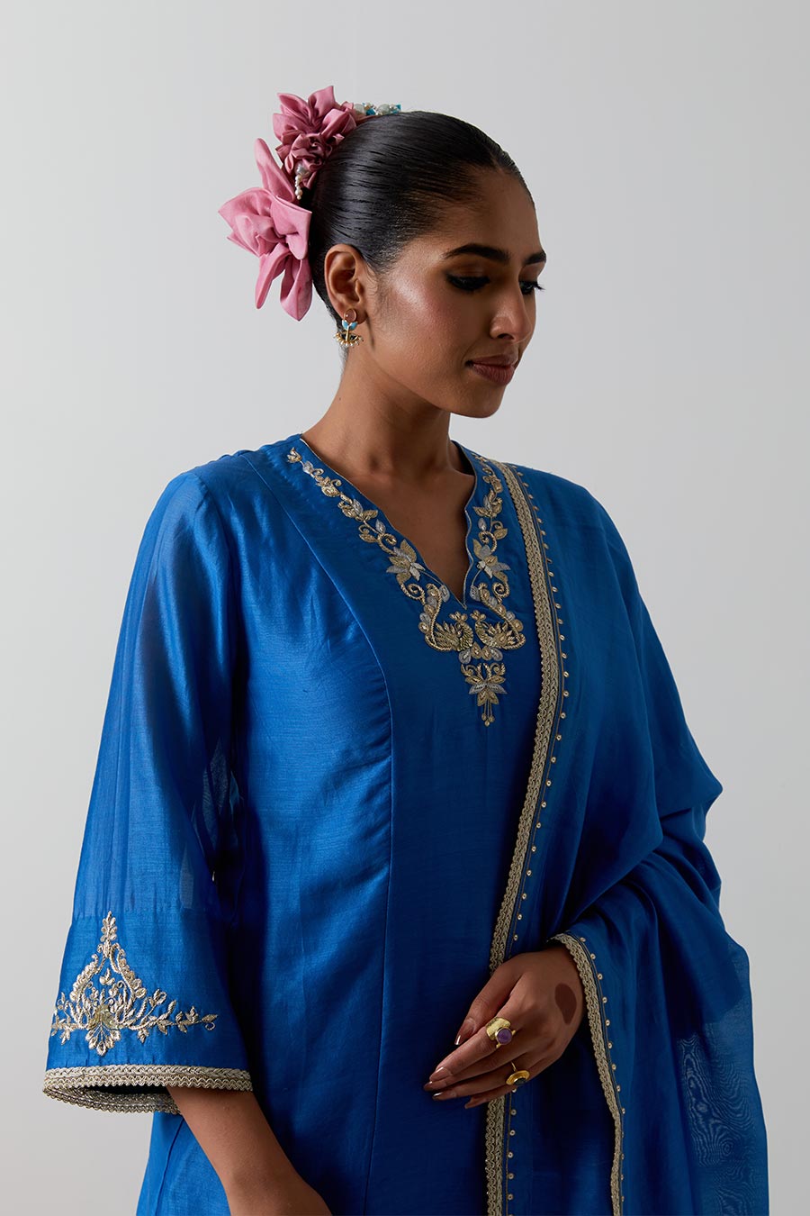 Blue Embroidered Chanderi Silk Kurta Dhoti Set