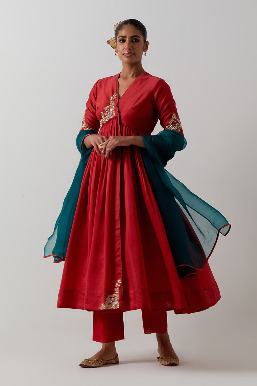 Red & Green Embroidered Chanderi Anarkali Set