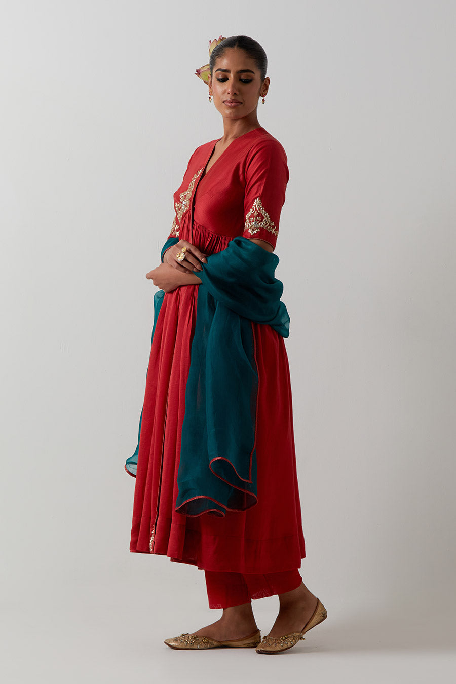 Red & Green Embroidered Chanderi Anarkali Set