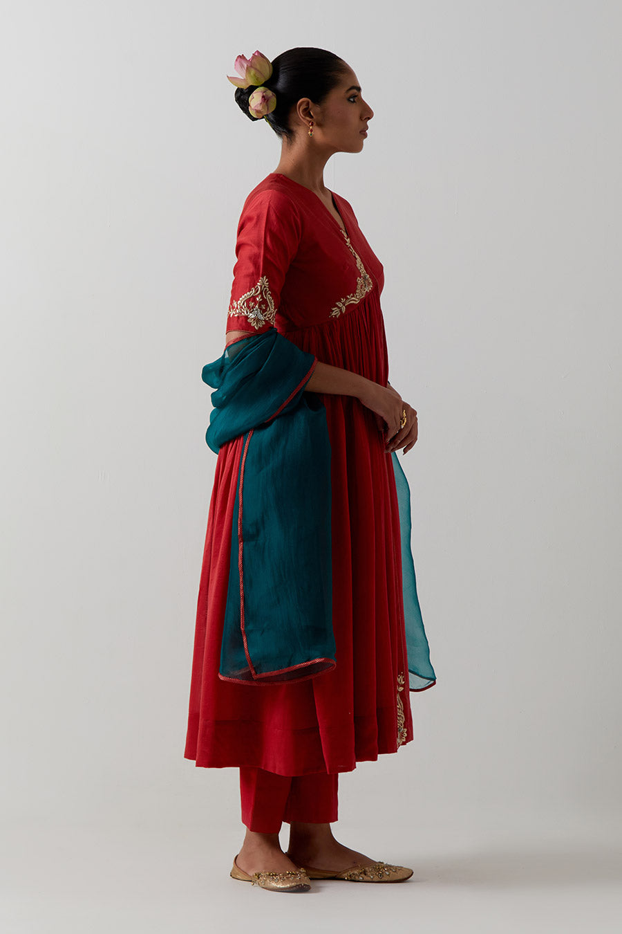 Red & Green Embroidered Chanderi Anarkali Set