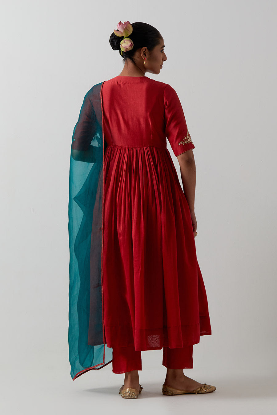 Red & Green Embroidered Chanderi Anarkali Set