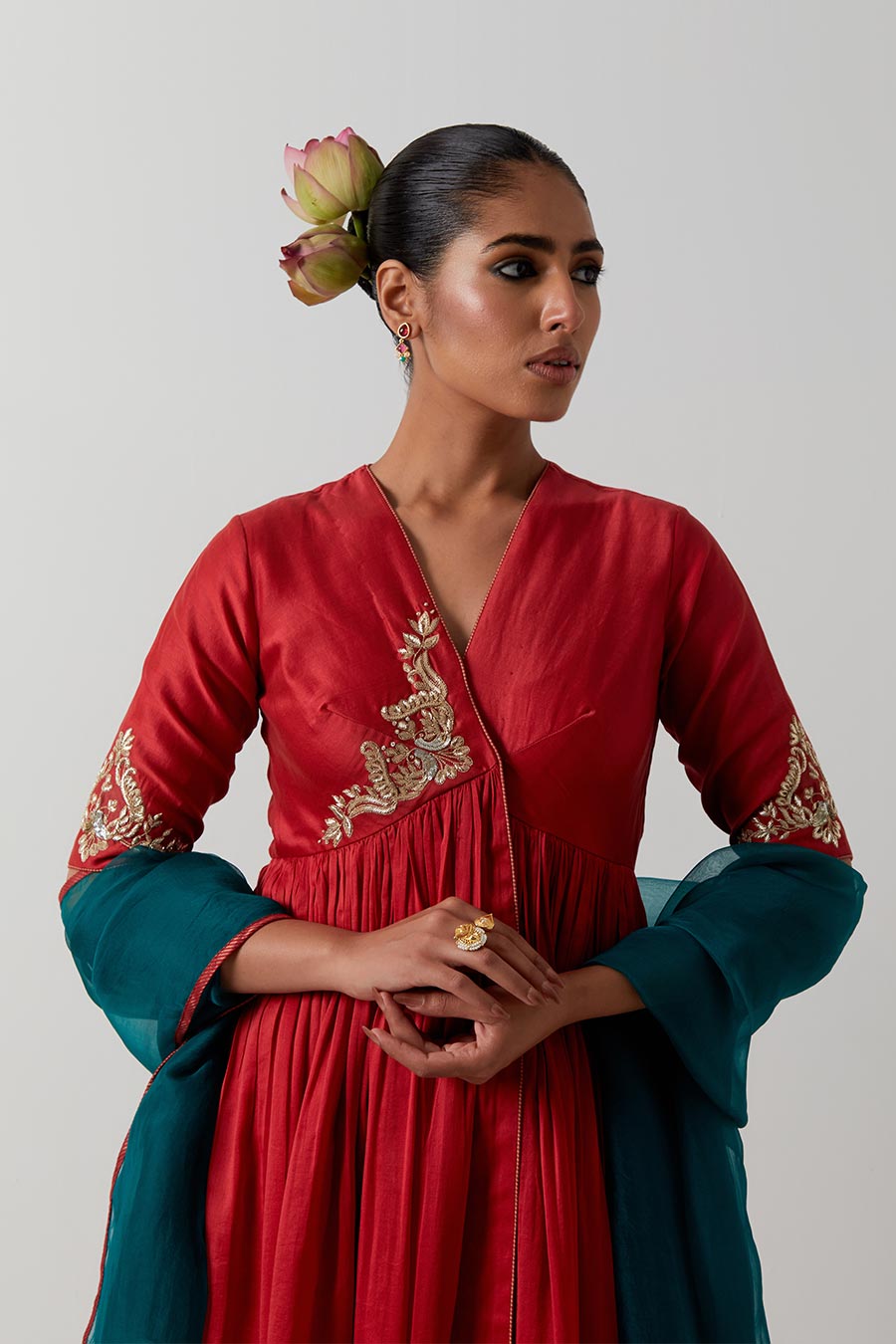 Red & Green Embroidered Chanderi Anarkali Set