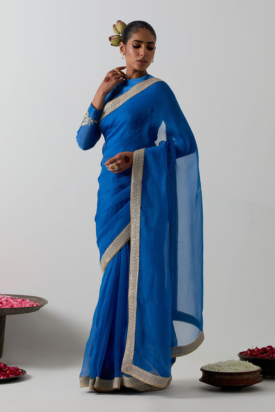 Blue Embroidered Katan Silk Organza Saree & Blouse