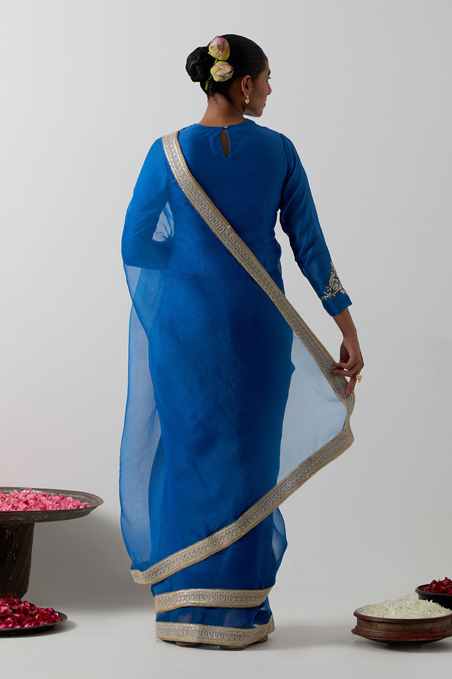 Blue Embroidered Katan Silk Organza Saree & Blouse
