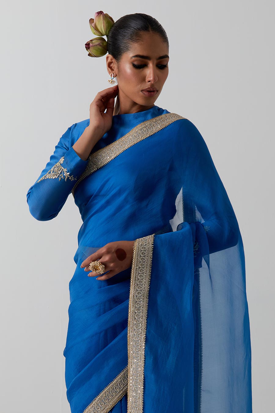Blue Embroidered Katan Silk Organza Saree & Blouse