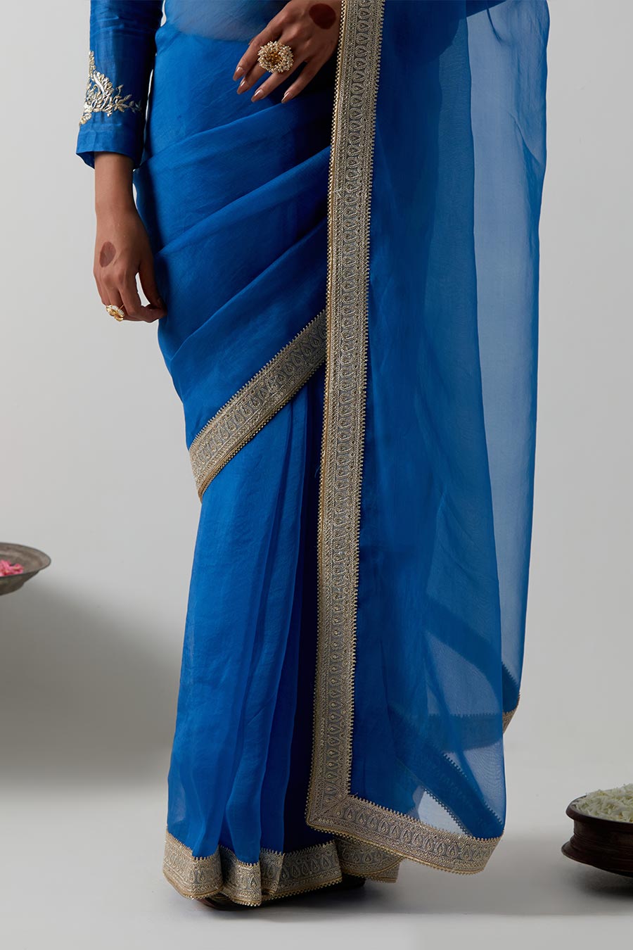 Blue Embroidered Katan Silk Organza Saree & Blouse