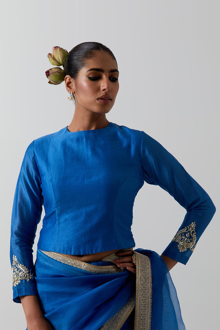 Blue Embroidered Katan Silk Organza Saree & Blouse