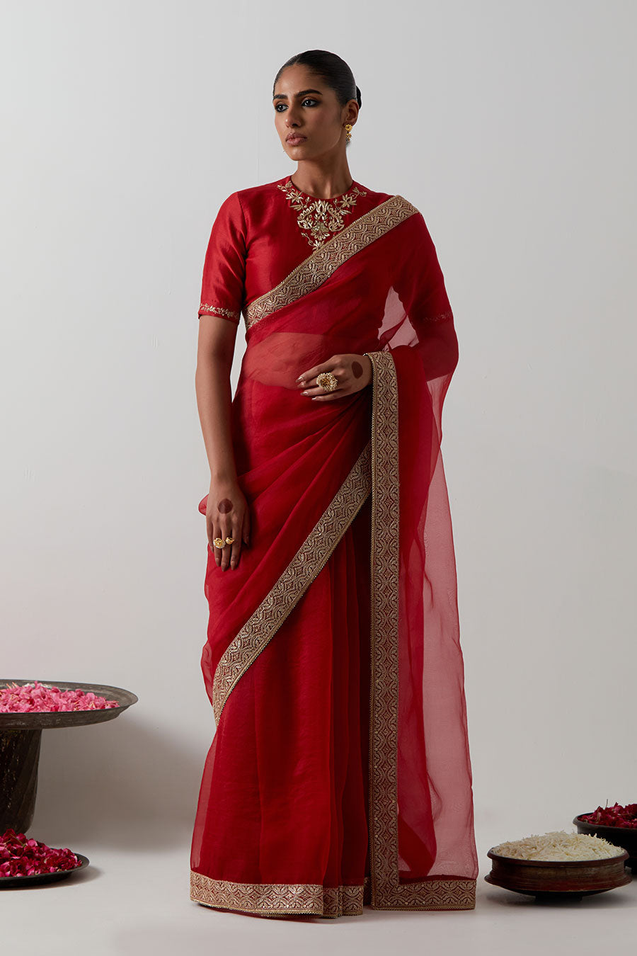 Red Embroidered Katan Silk Organza Saree & Blouse