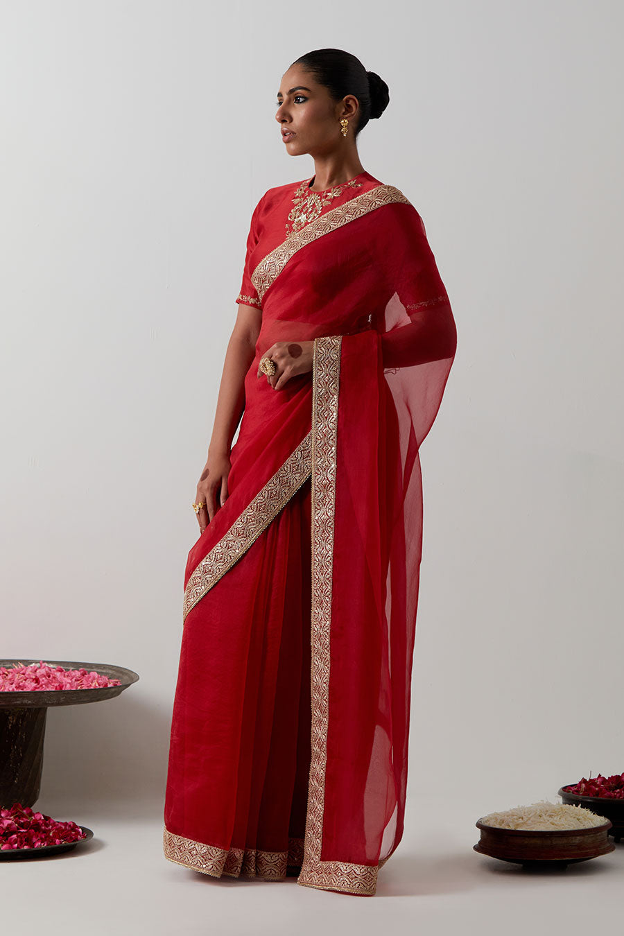 Red Embroidered Katan Silk Organza Saree & Blouse