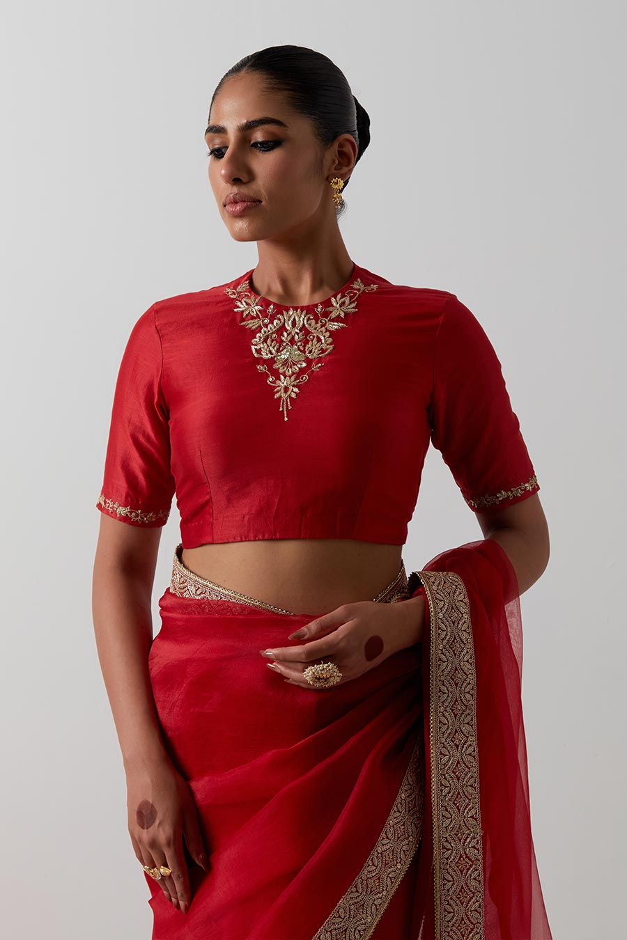 Red Embroidered Katan Silk Organza Saree & Blouse