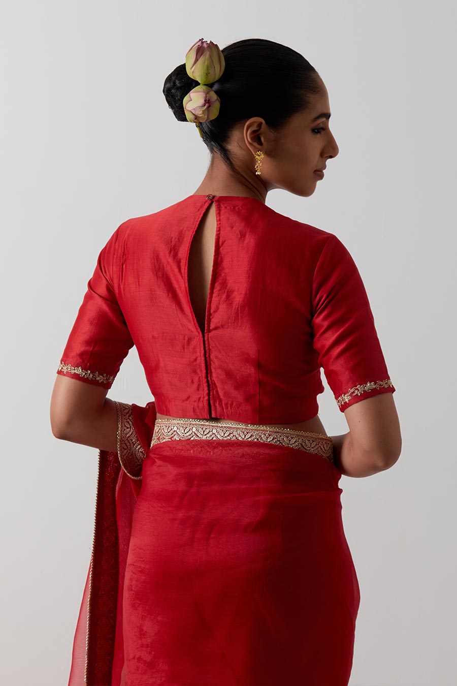 Red Embroidered Katan Silk Organza Saree & Blouse