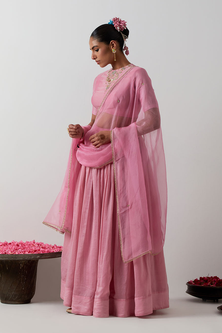 Light Pink Embroidered Chanderi Lehenga Set