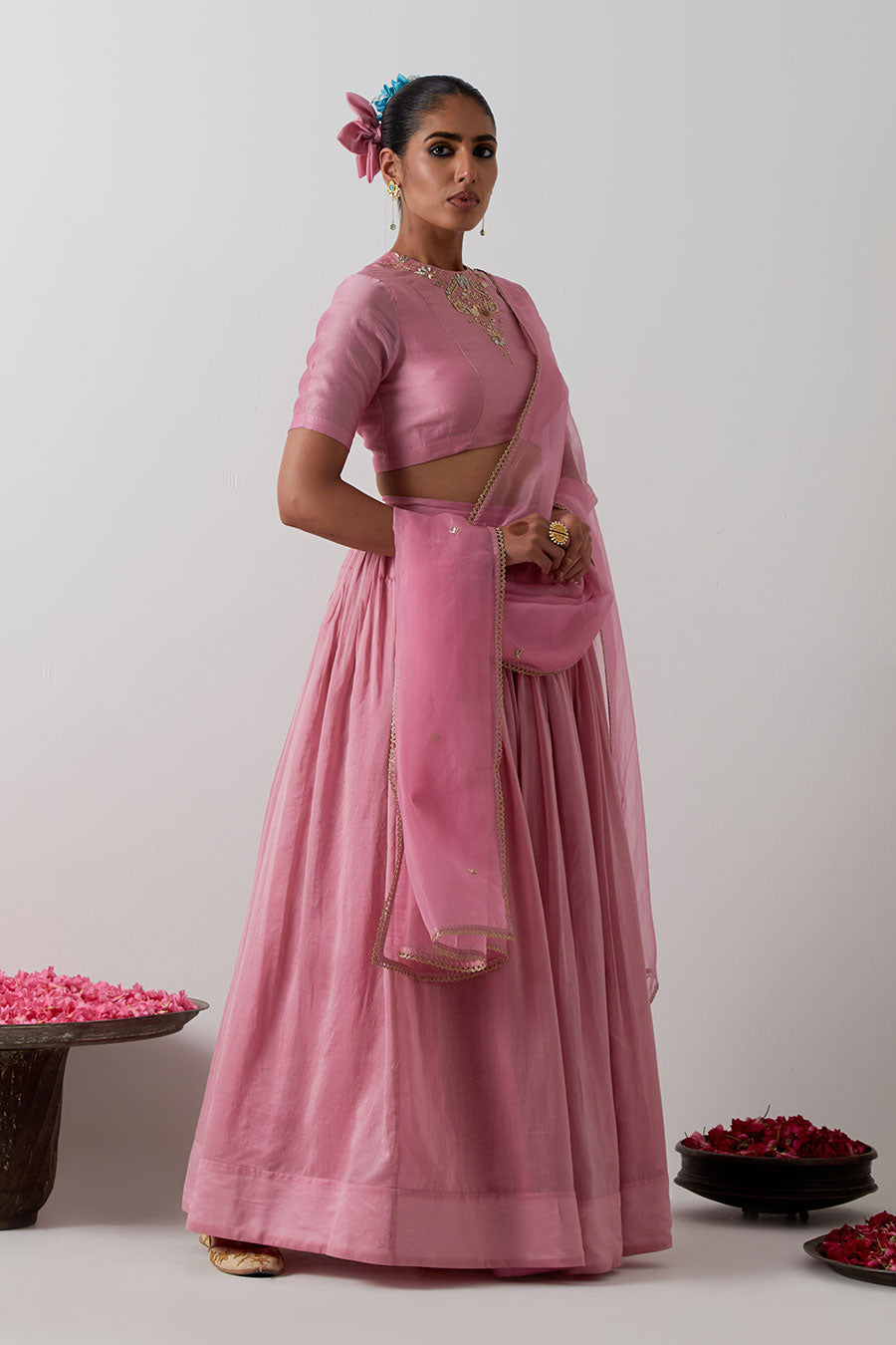 Light Pink Embroidered Chanderi Lehenga Set