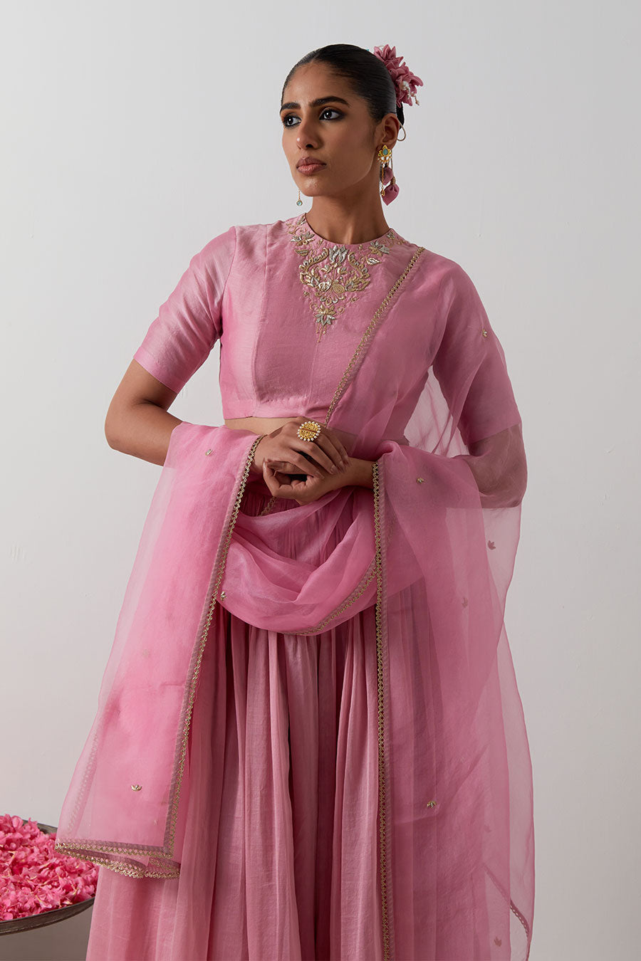 Light Pink Embroidered Chanderi Lehenga Set