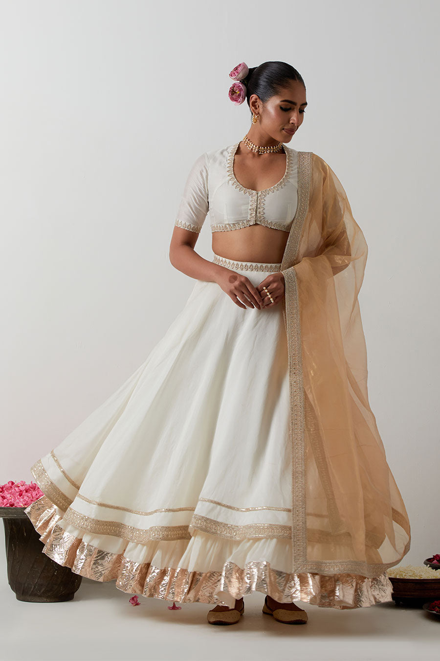 Ivory Embroidered Chanderi Tissue Lehenga Set