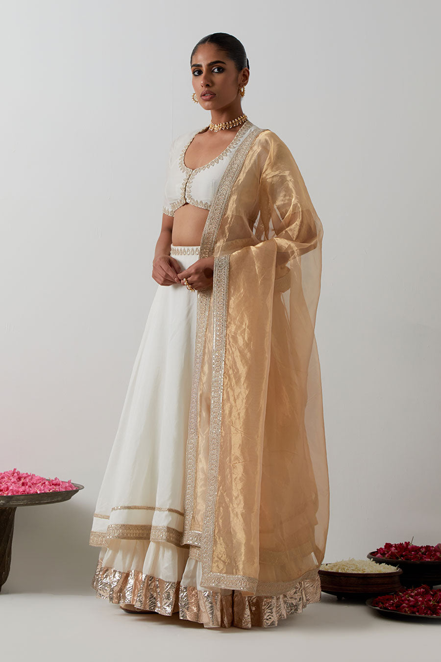 Ivory Embroidered Chanderi Tissue Lehenga Set