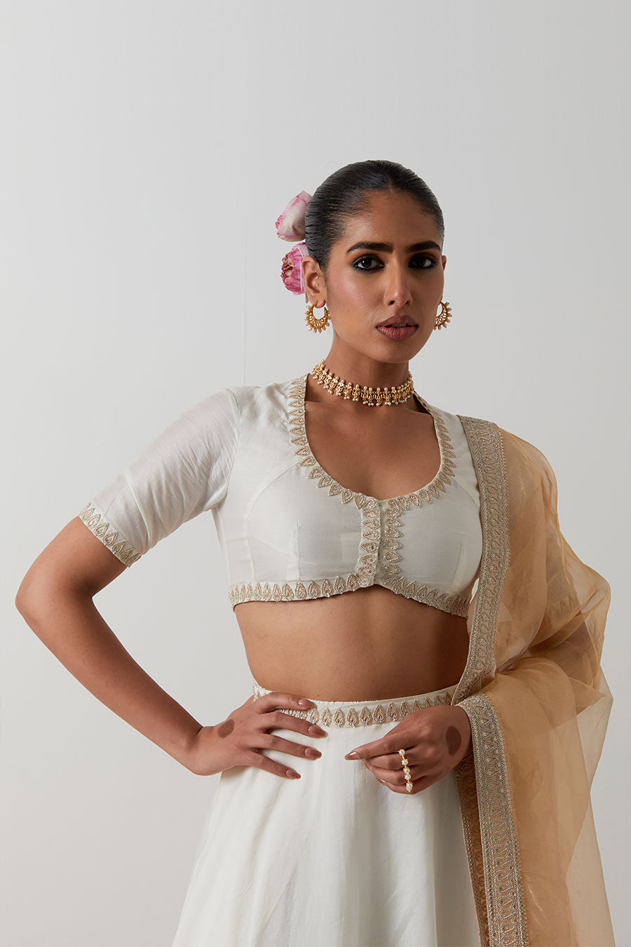 Ivory Embroidered Chanderi Tissue Lehenga Set