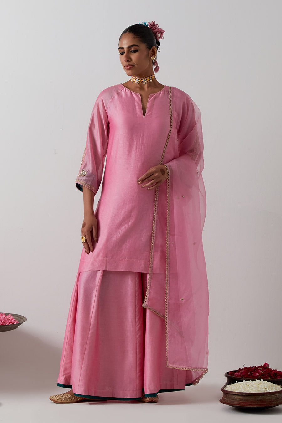 Light Pink Embroidered Chanderi Kurta Set