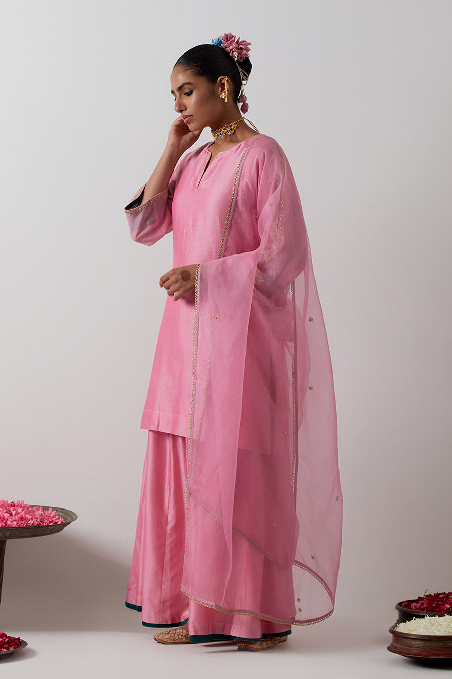 Light Pink Embroidered Chanderi Kurta Set