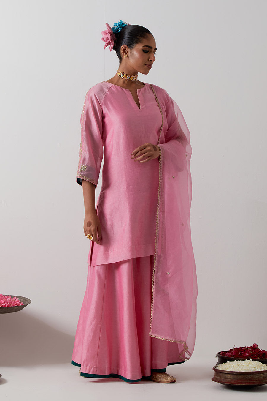 Light Pink Embroidered Chanderi Kurta Set