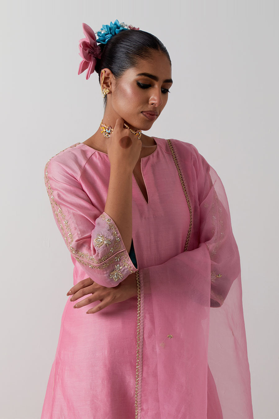 Light Pink Embroidered Chanderi Kurta Set