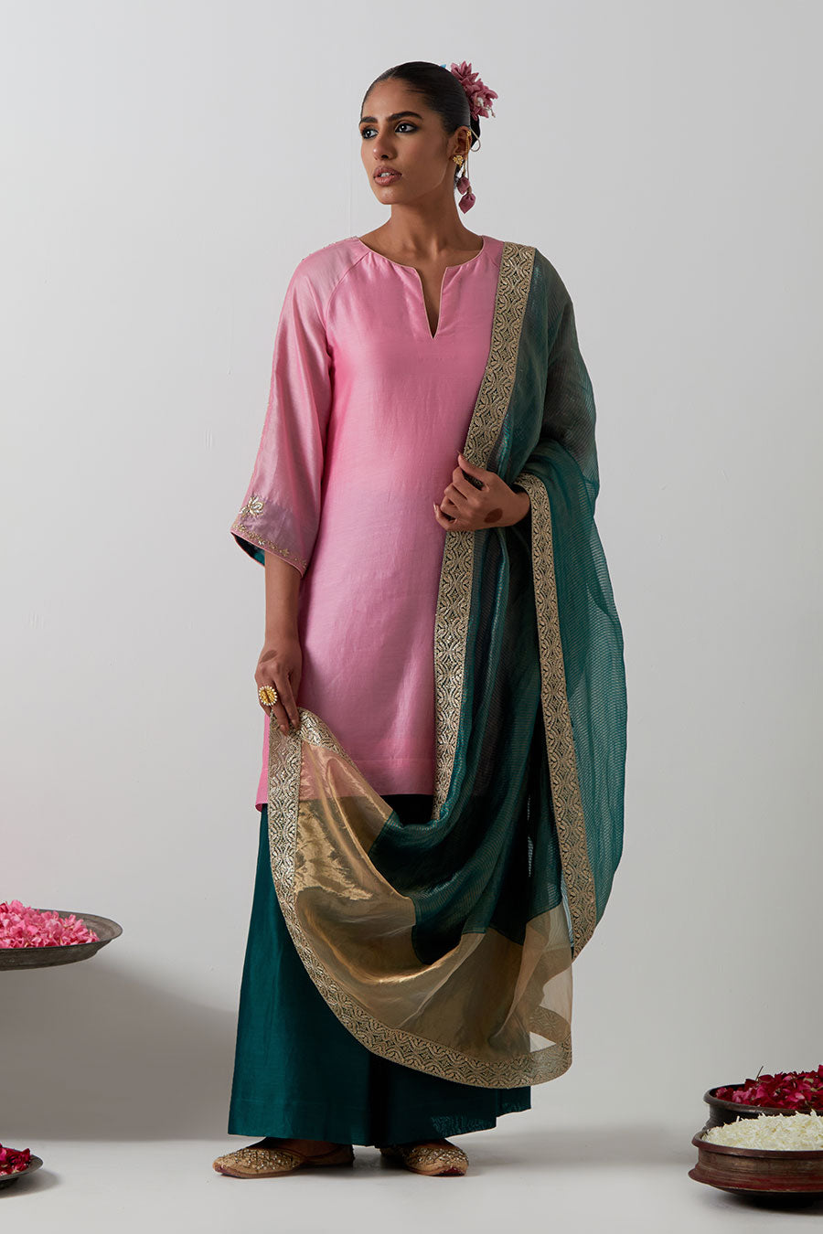 Pink & Green Embroidered Chanderi Kurta Set