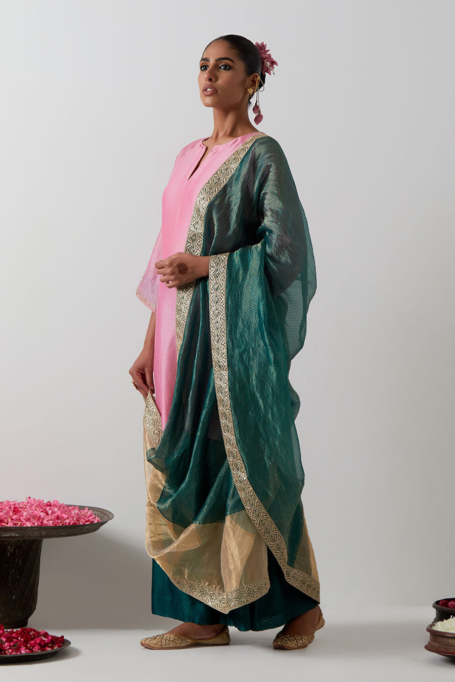 Pink & Green Embroidered Chanderi Kurta Set