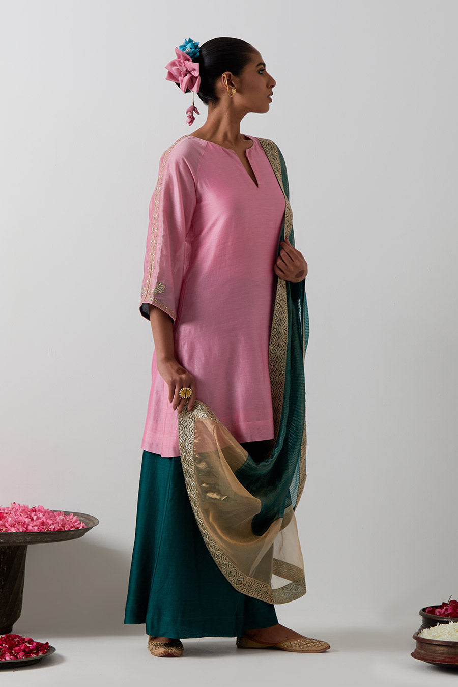 Pink & Green Embroidered Chanderi Kurta Set