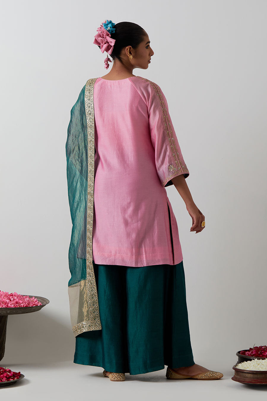 Pink & Green Embroidered Chanderi Kurta Set