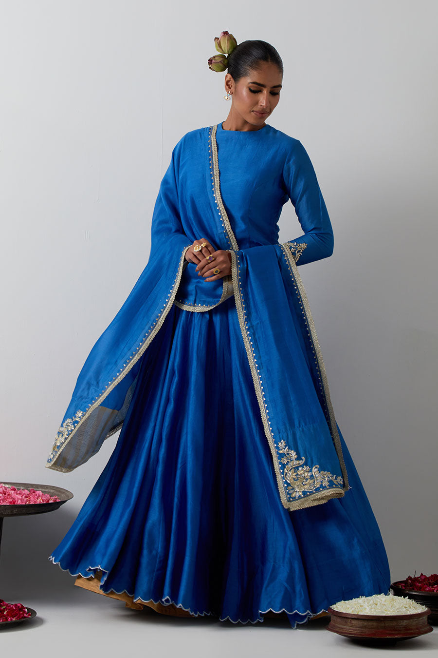 Cobalt Blue Embroidered Chanderi Silk Lehenga Set