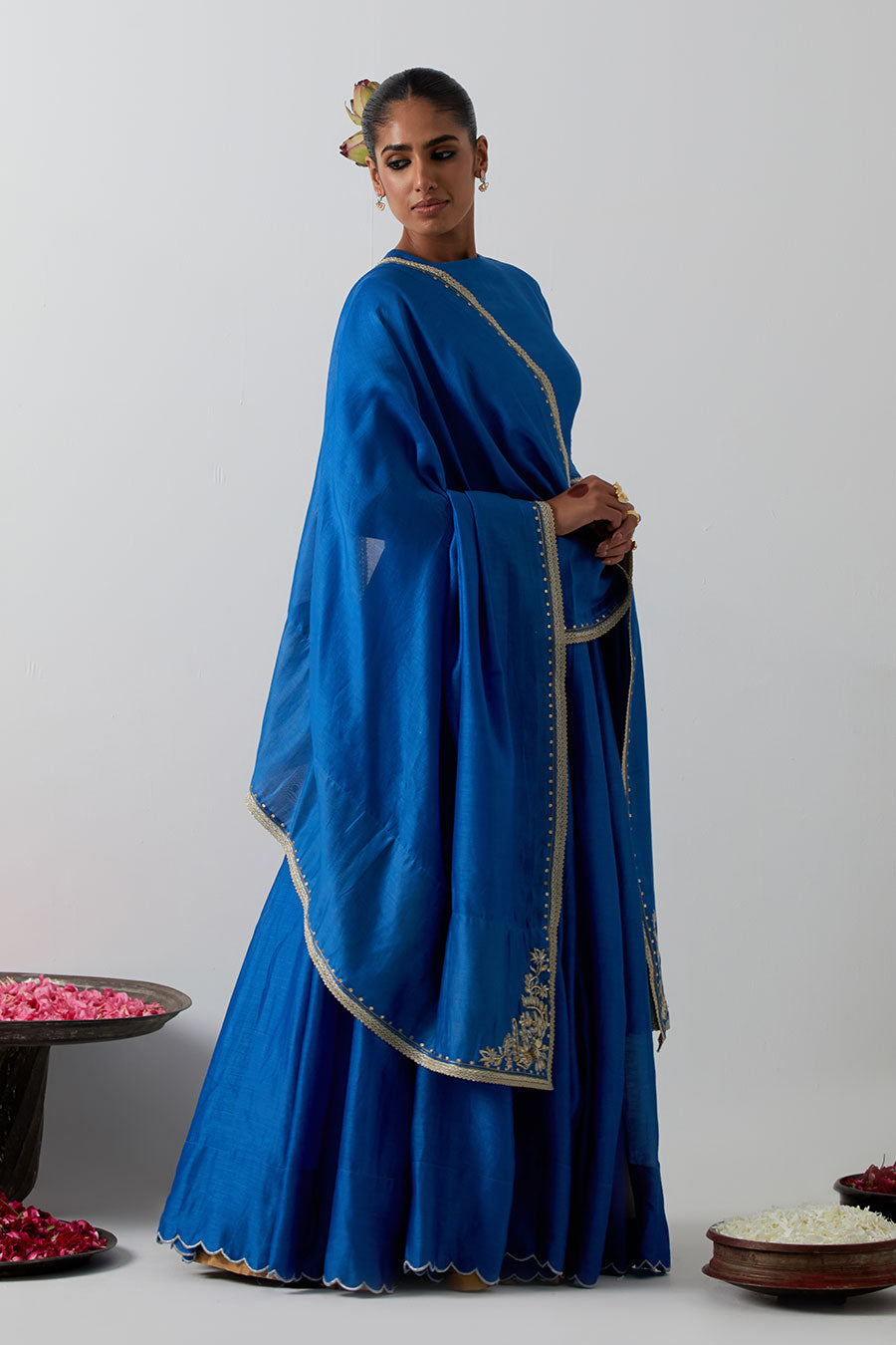 Cobalt Blue Embroidered Chanderi Silk Lehenga Set