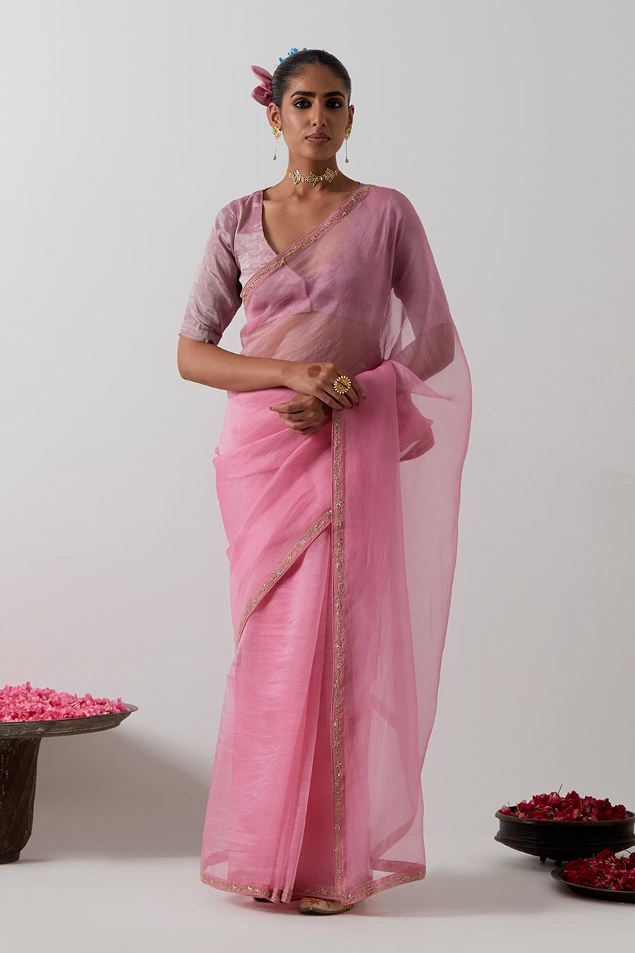 Pink Embroidered Katan Silk Organza Saree & Blouse