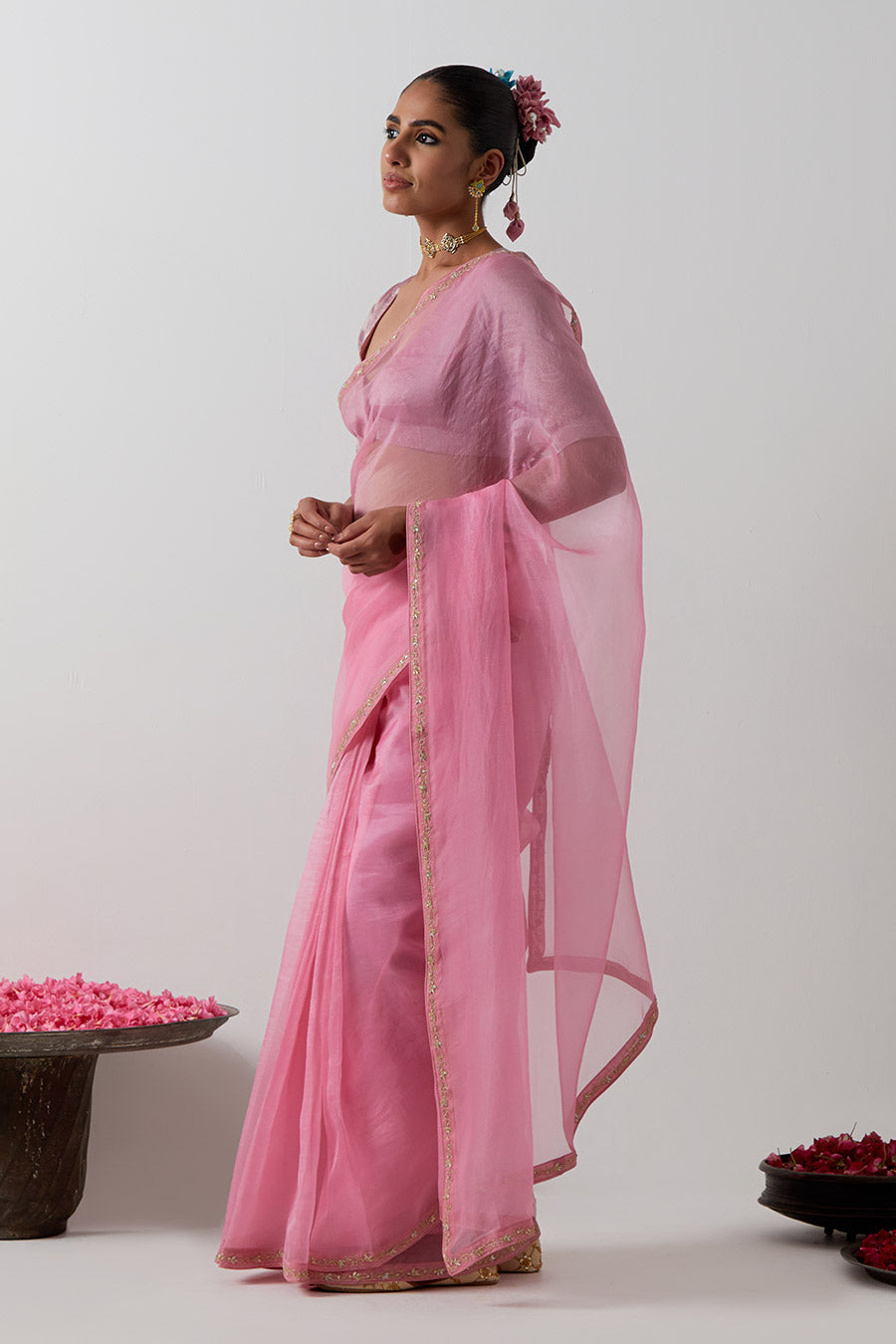 Pink Embroidered Katan Silk Organza Saree & Blouse