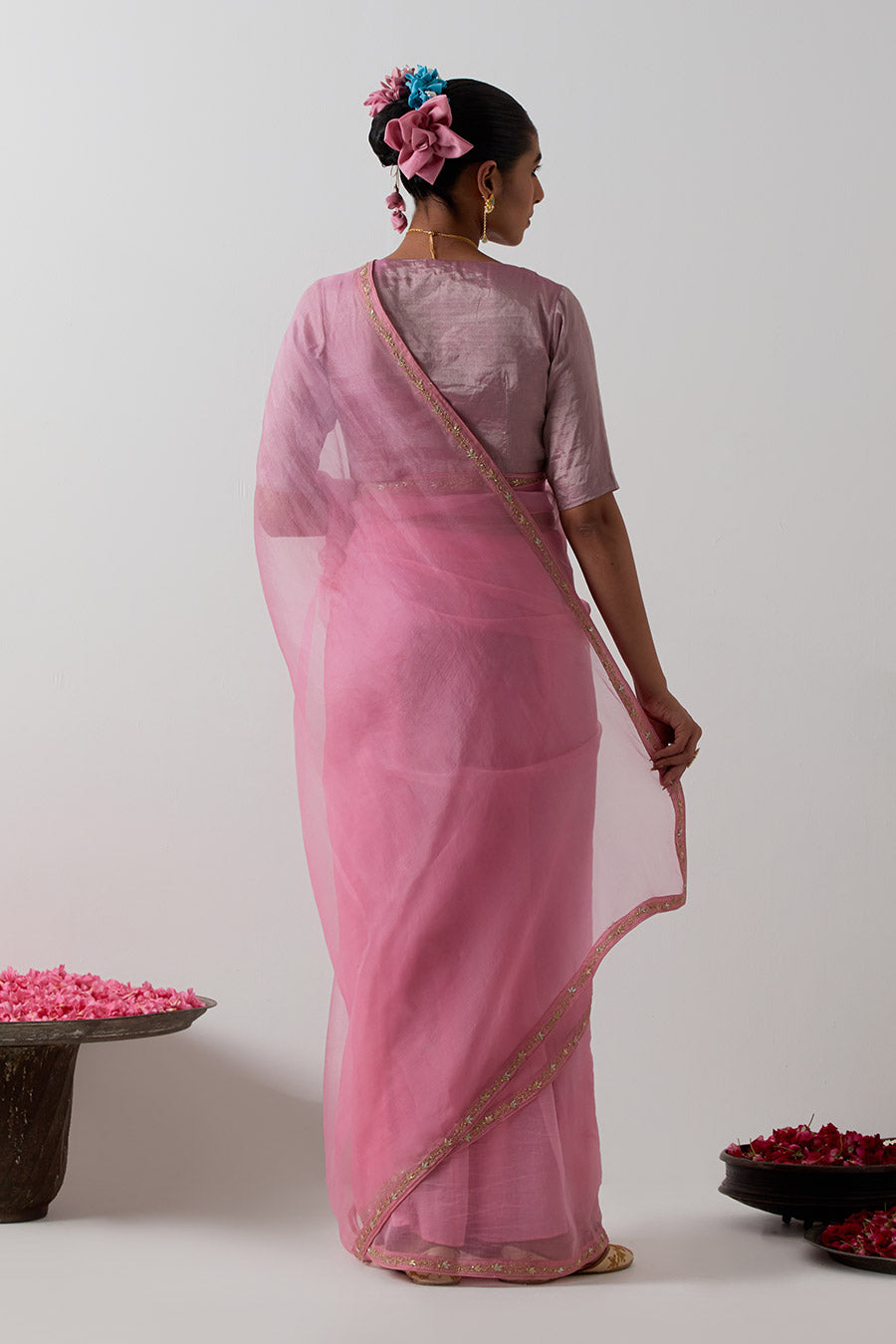 Pink Embroidered Katan Silk Organza Saree & Blouse