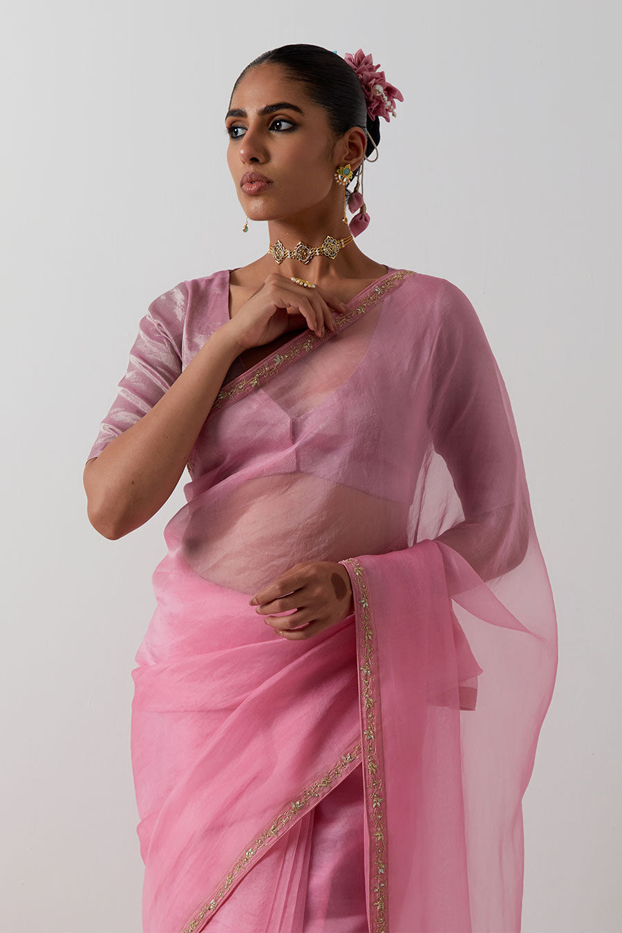 Pink Embroidered Katan Silk Organza Saree & Blouse
