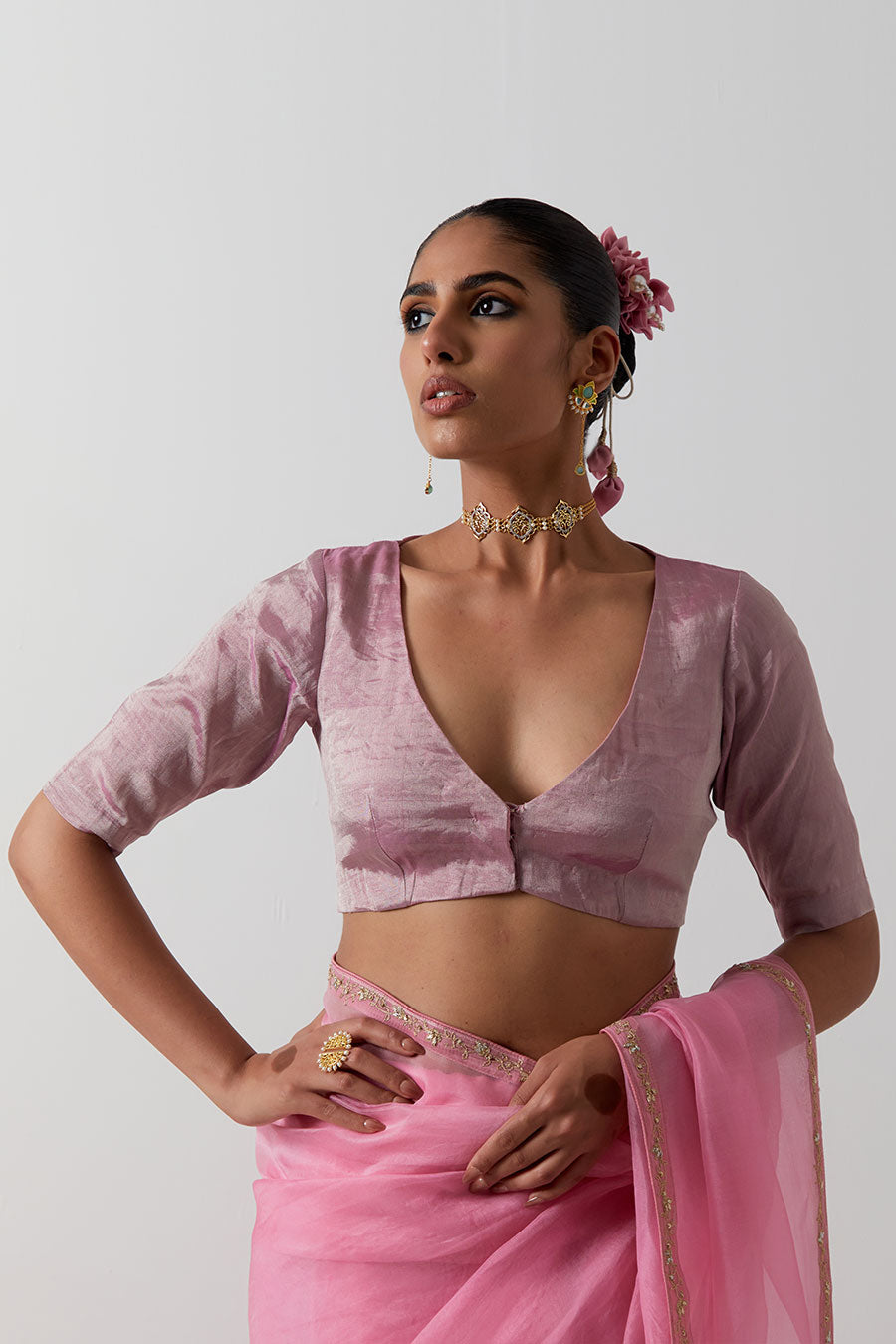 Pink Embroidered Katan Silk Organza Saree & Blouse