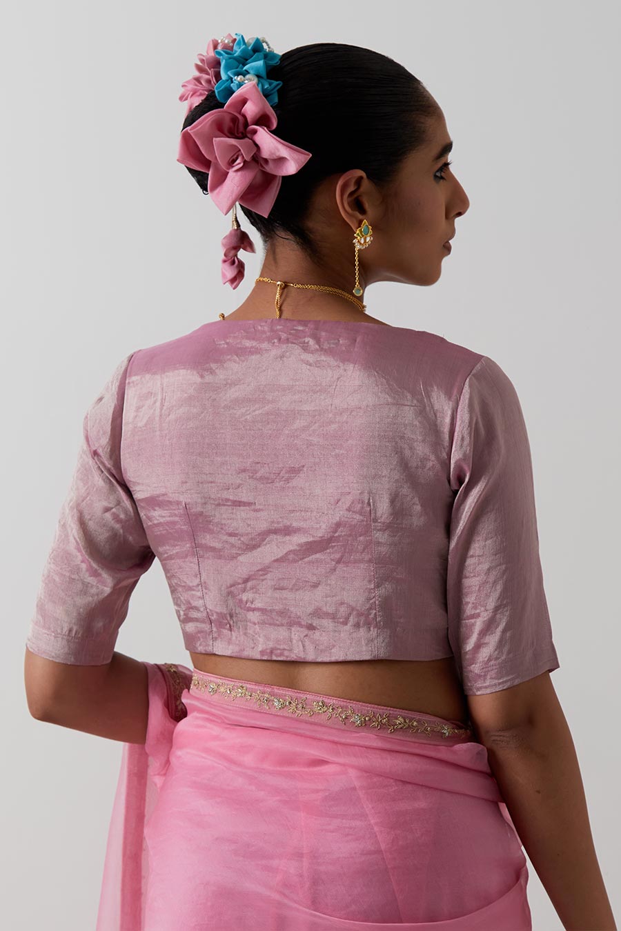 Pink Embroidered Katan Silk Organza Saree & Blouse