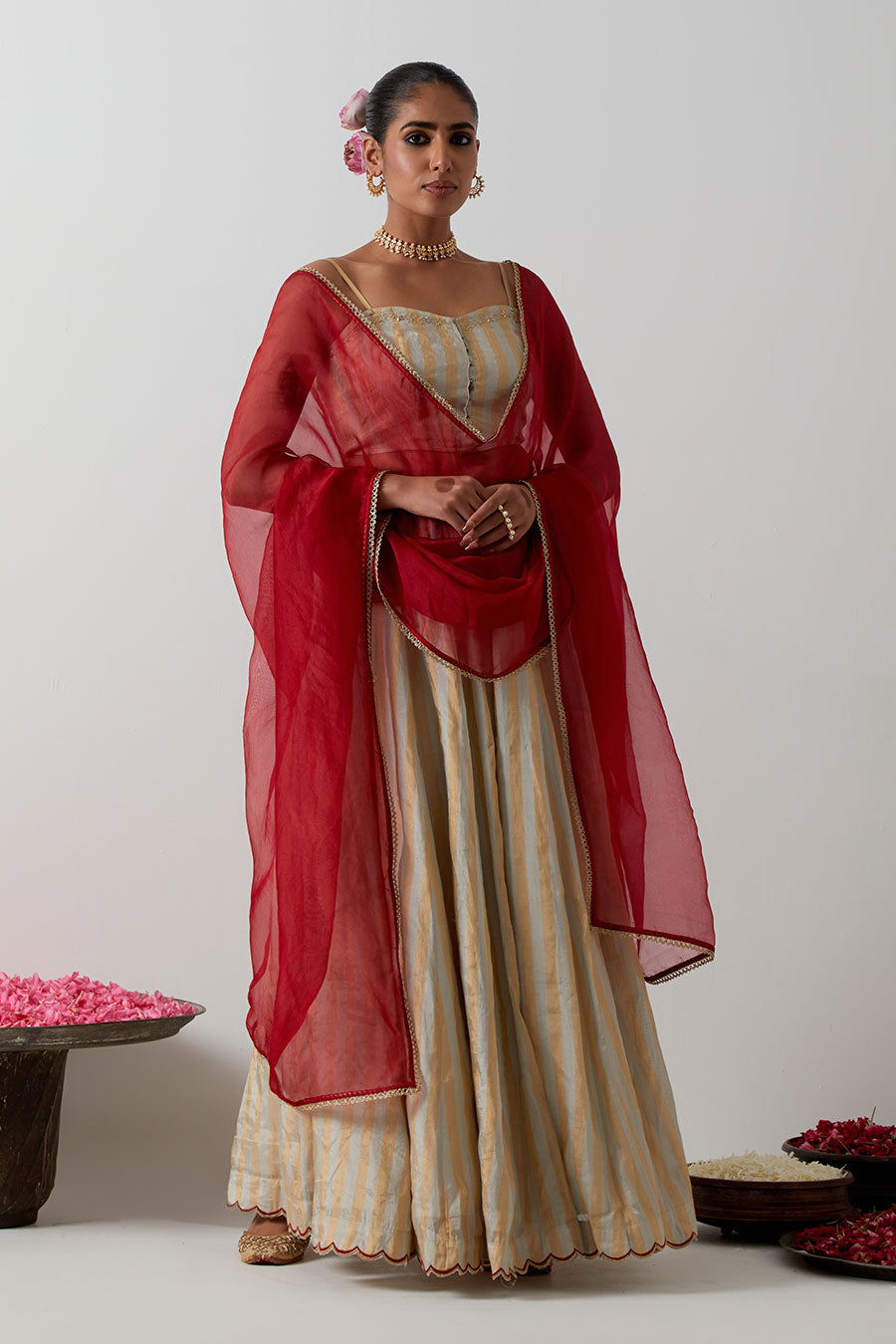 Silver & Gold Embroidered Zari Silk Lehenga Set