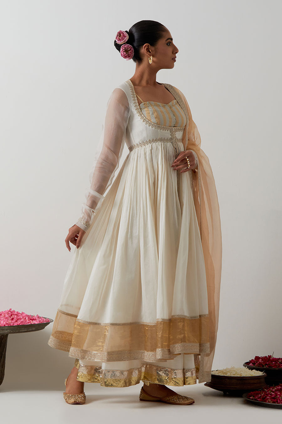 Ivory Embellished Chanderi Silk 4-Piece Anarkali Set